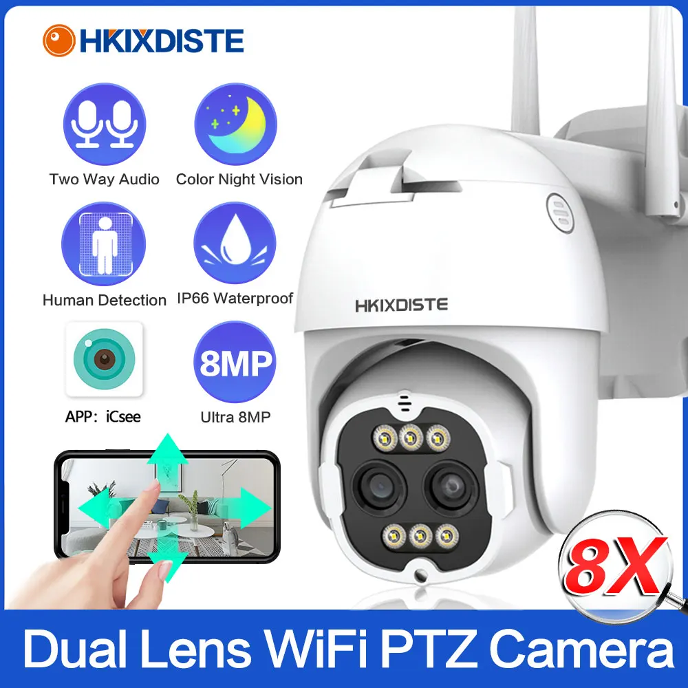 

4K 8MP Wifi PTZ IP Camera Outdoor 8X Zoom 4MP Dual Lens Wireless Video Surveillance Camera ICSEE 2 Way Audio CCTV Security Cam