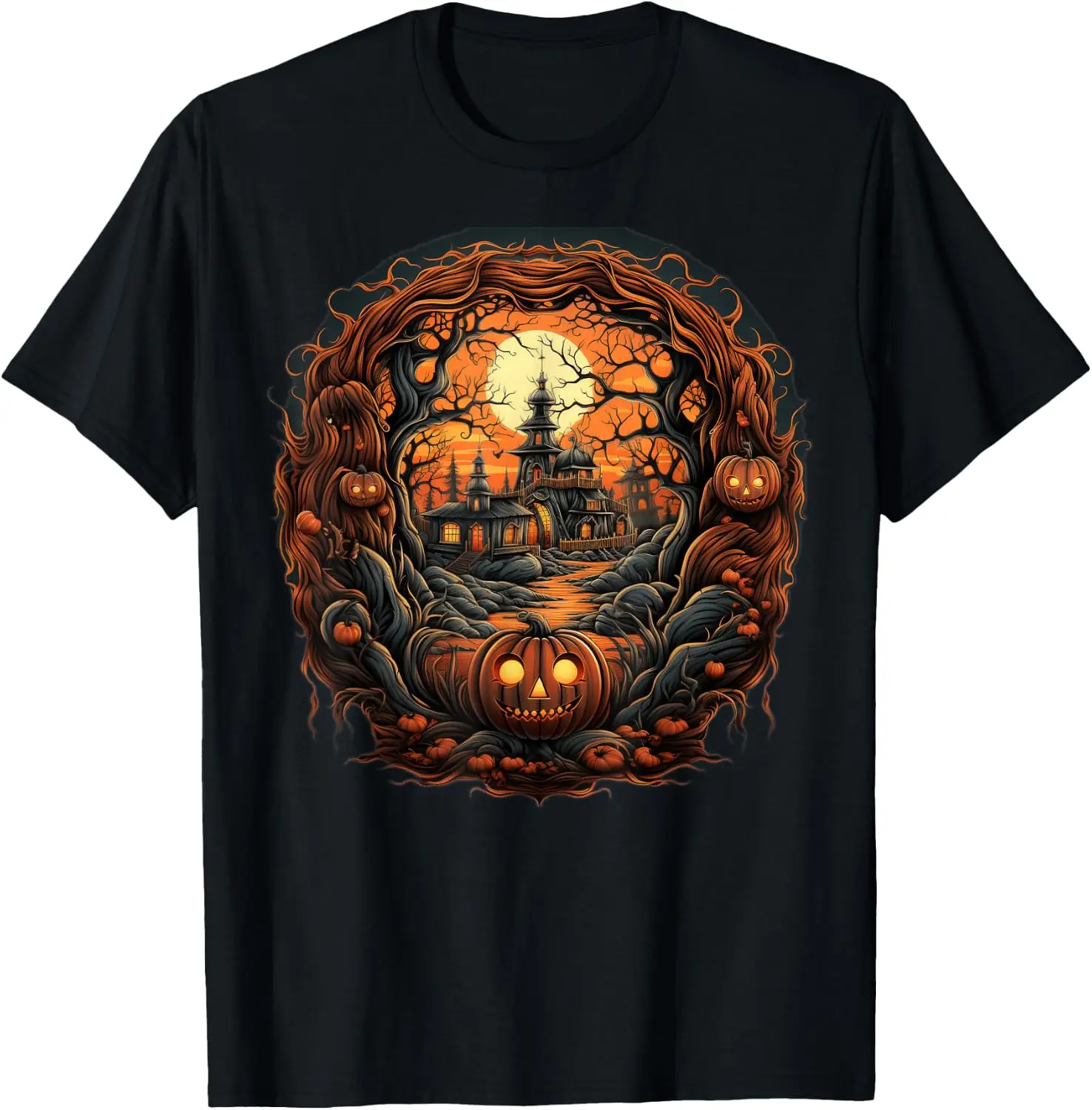 Spooky Haunted Scene For Men Women Youth T-Shirt Men Halloween Festival Printed Graphic Tee, Casual Crew Neck Short Sleeve Spooky Gothic T‑Shirt for Holiday Party and Halloween Gift for Men.