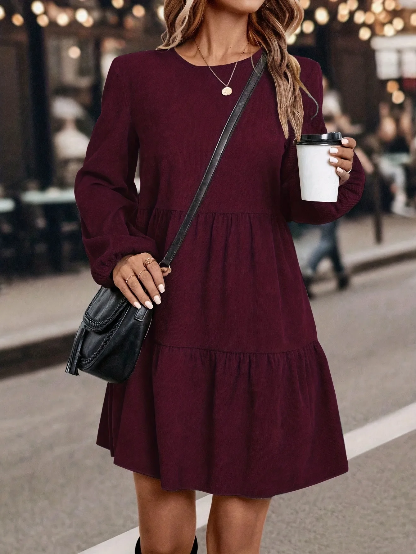 Current vintage and gentle style cross-border and overseas autumn new women's dress made of corduroy, with long sleeves and roun