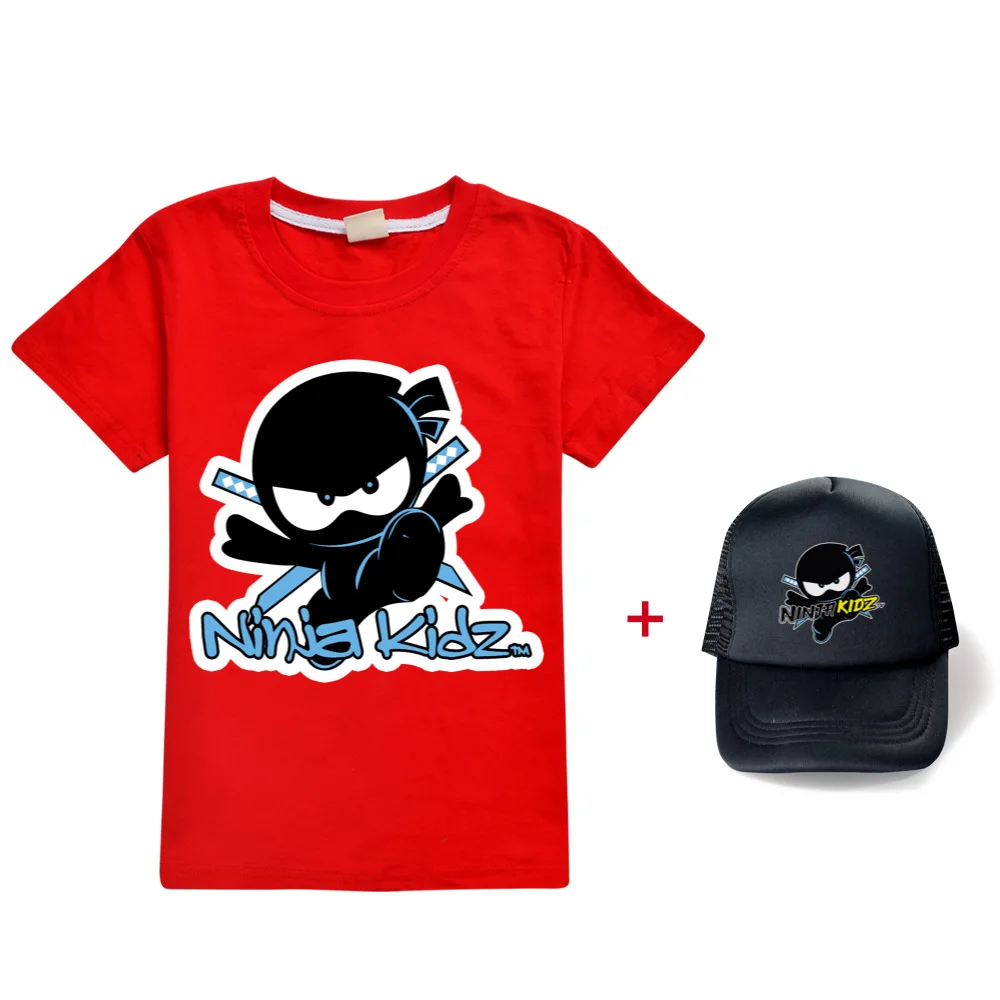 Summer 2Pcs/set Boys Girls Cotton NINJA KIDZ T-shirts Children Fashion Clothing Tops Casual Tees Kids Clothes+sunhat