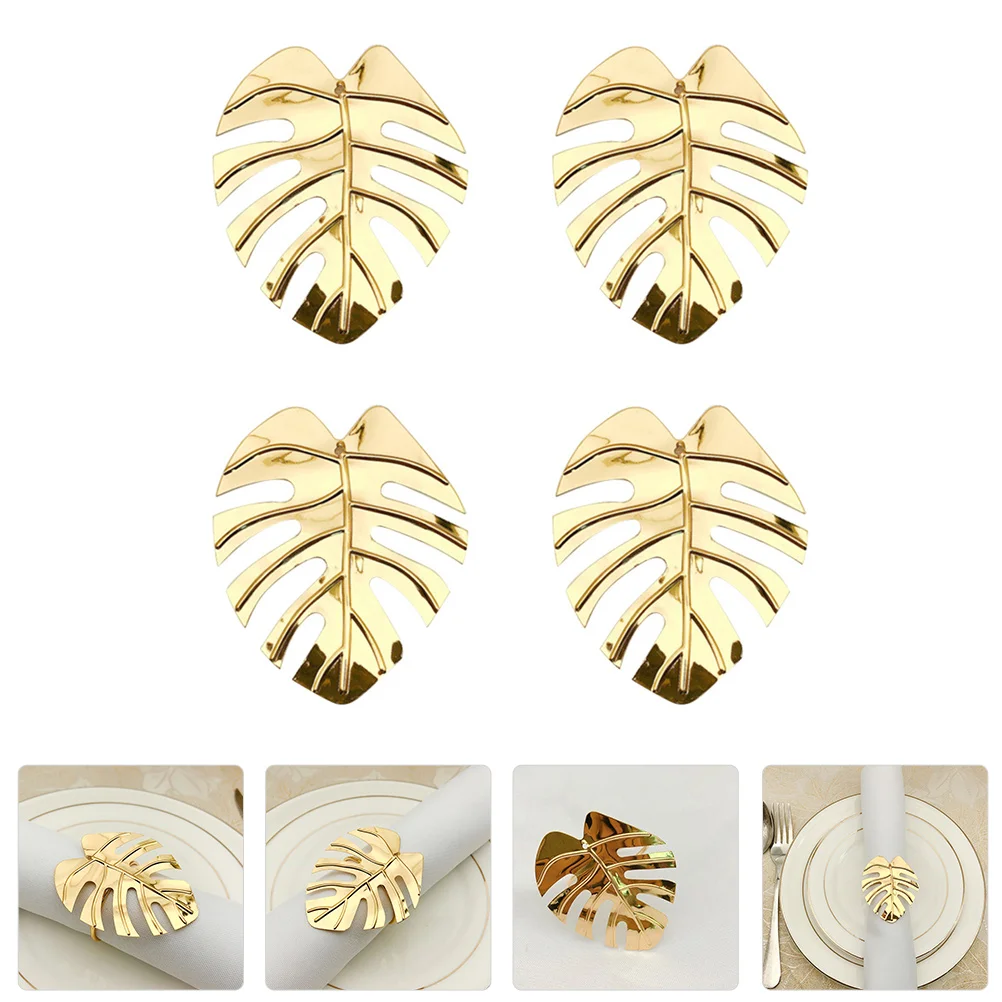 

4Pcs Napkin Ring Alloy Monstera Leaf Shape Stylish Elegant Creative Banquet Napkin Decoration Wedding Party Hawaii Prom Birthday