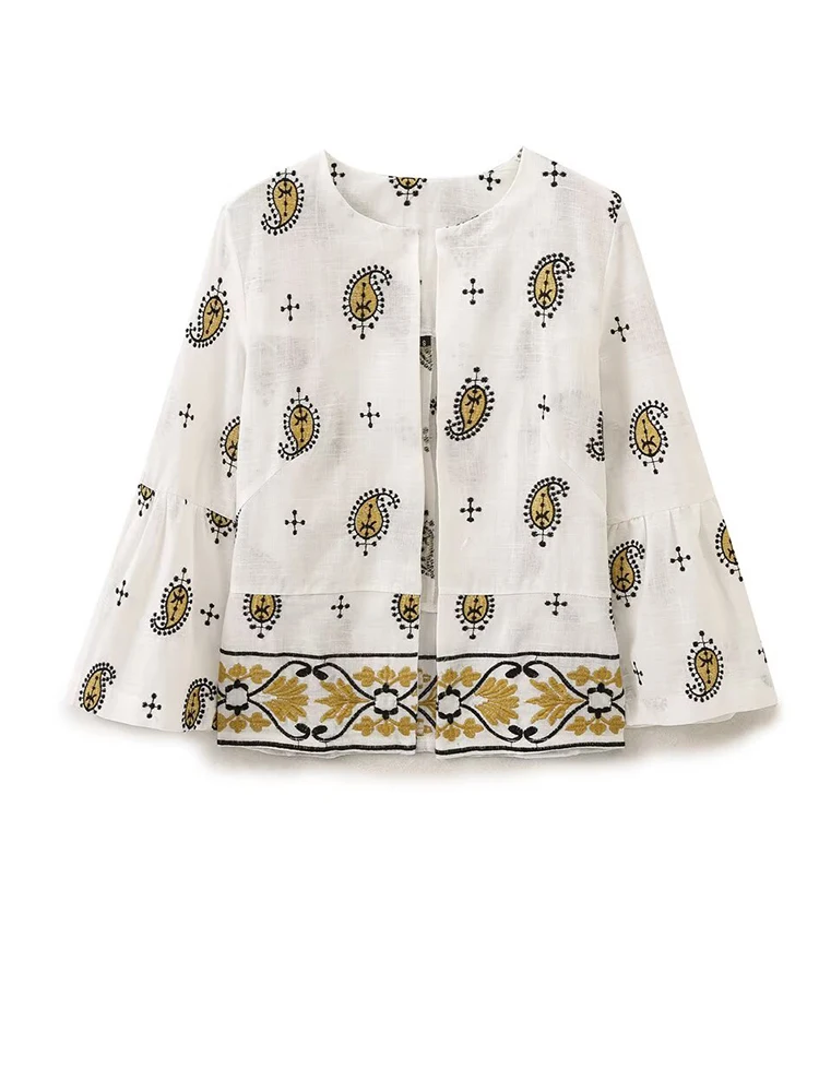 

Bohemian Paisley Embroidered Open Front Blouse Women Loose Flare Sleeve Cardigan Tops