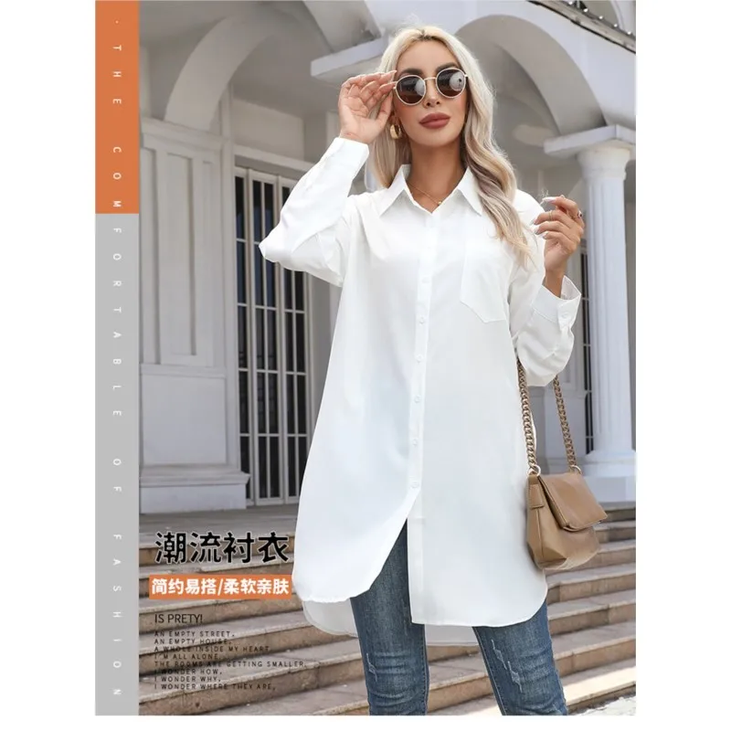 2025 봄/여름 여성의 새로운 긴 스타일 솔리드 컬러 캐주얼 기질 통근 칼라 버튼 여성용 긴 소매 셔츠