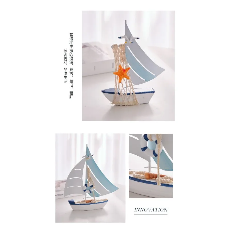 Nautical Wooden Iron Sailboat Ornament Mediterranean Style Tabletop Home Decoration