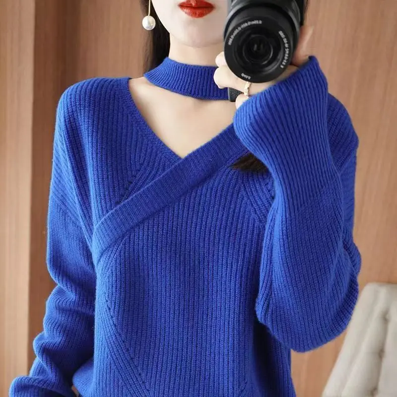 Temperament V-neck Outfit Sweater Women's Autumn New Halter Top Loose Simple Solid Color Temperament Knitted Pullover