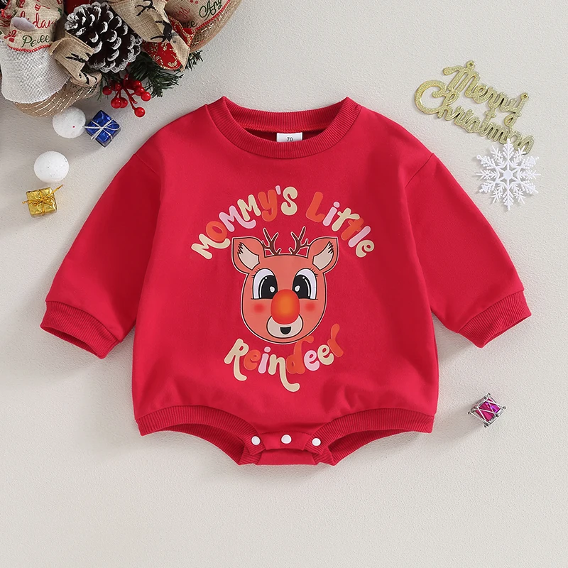 Infant Baby Christmas Romper, Long Sleeve Crew Neck Letters Cartoon Deer Print Fall Bodysuit Clothes for Girls Boys 0-24Months