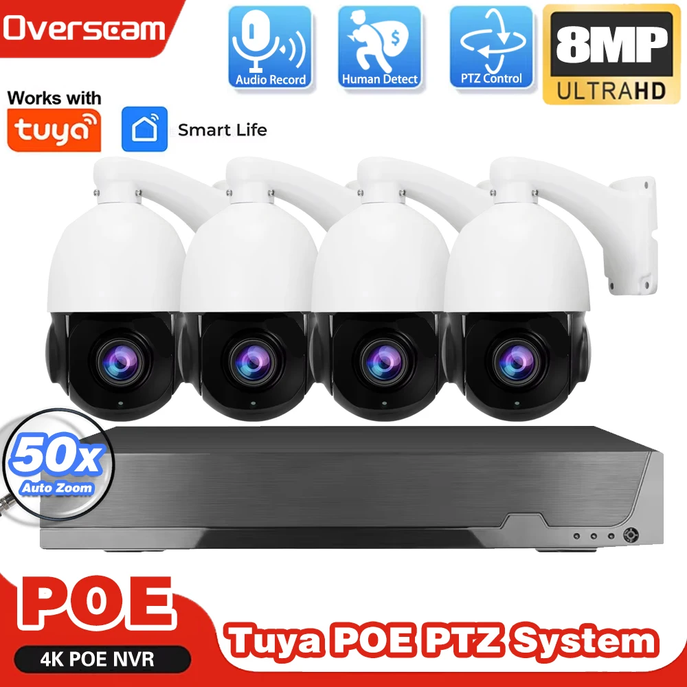 

4K 8MP 50X оптический PTZ зум Tuya 8CH POE NVR система видеонаблюдения аудио обнаружение человека CCTV комплект защиты видеонаблюдения