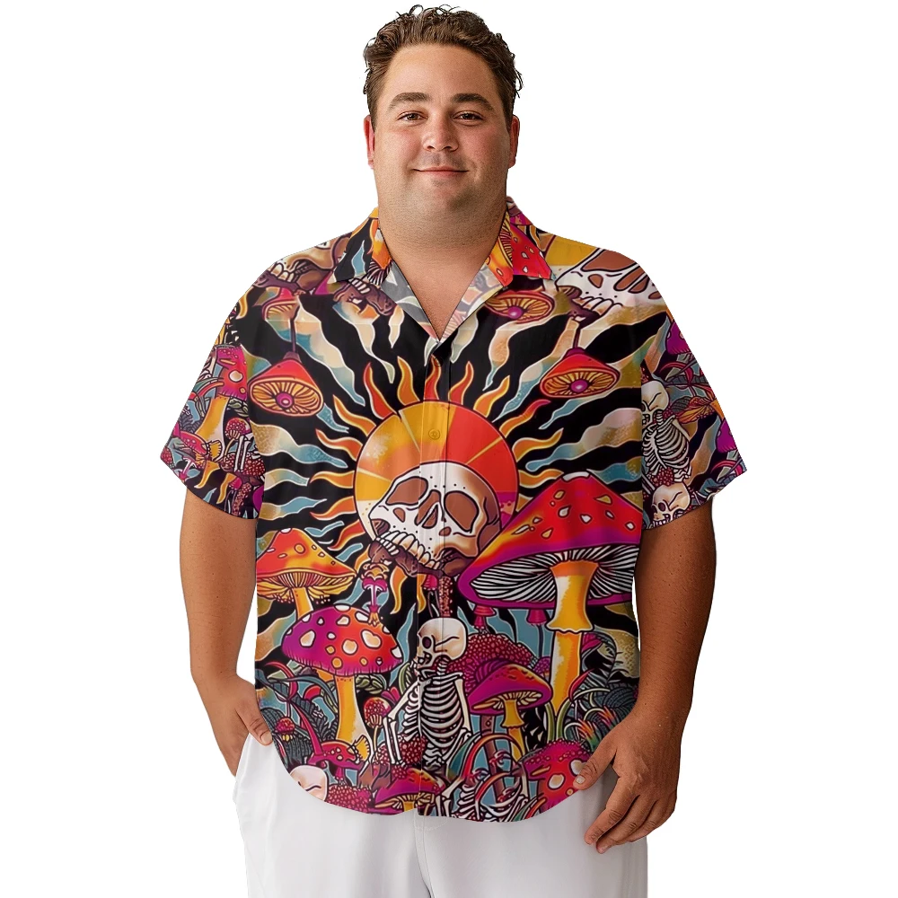 2024 new  Men's shirts plus size Skeletons in the Halloween Sun and Mushroom Forest printed clothing casual short-sleeved