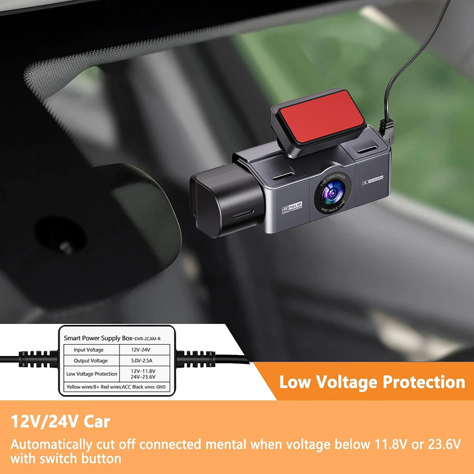 E-ACE 3.5M DashCam Hardwire Kit Type-C 12V-24V To 5V/2.5A Mirror DVR Charger With Fuse &Low Voltage Protection Easy Installation