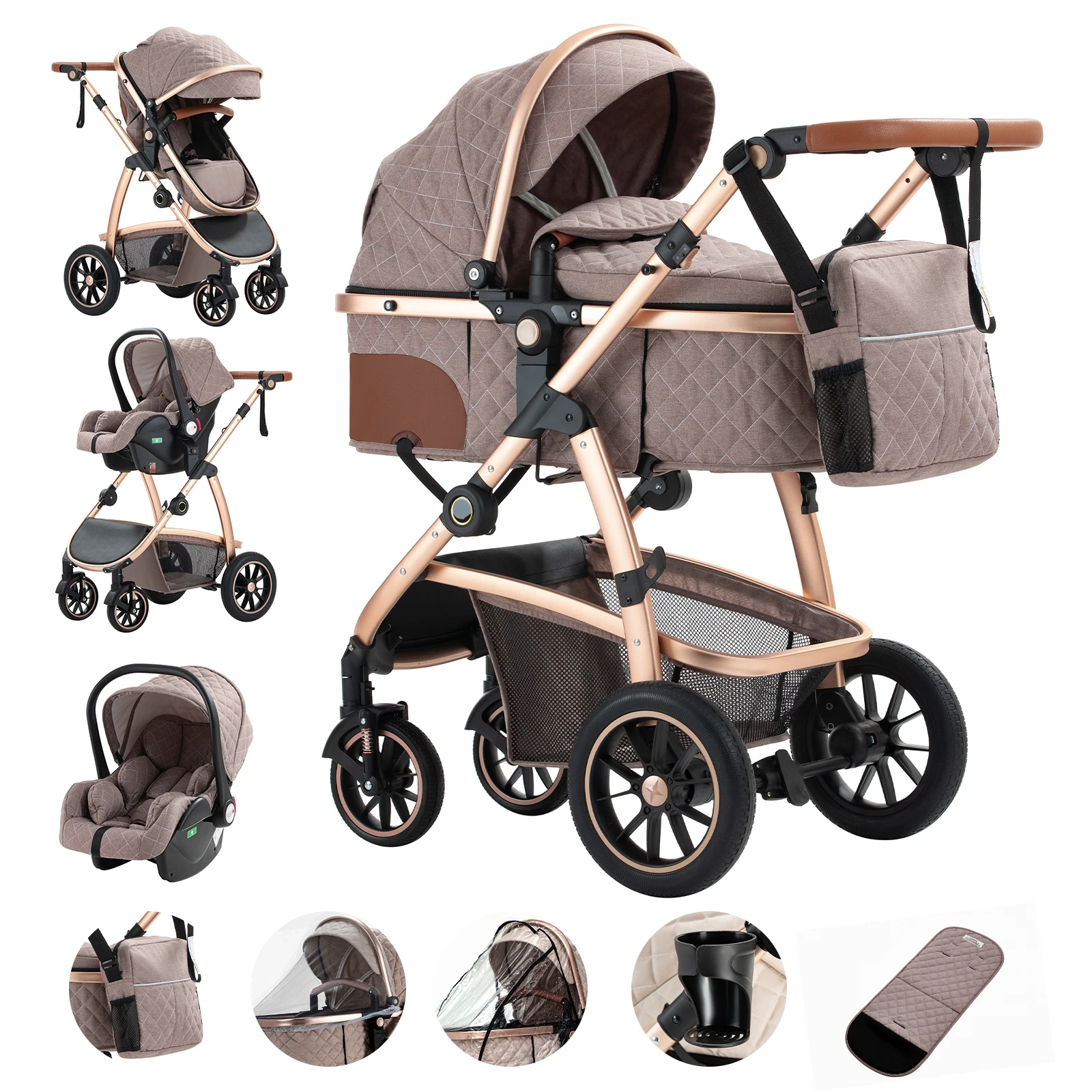 3-in-1 kinderwagen Reiskinderwagen met in hoogte verstelbaar handvat Reiskinderwagen met klamboe Kinderwagen met aluminium frame