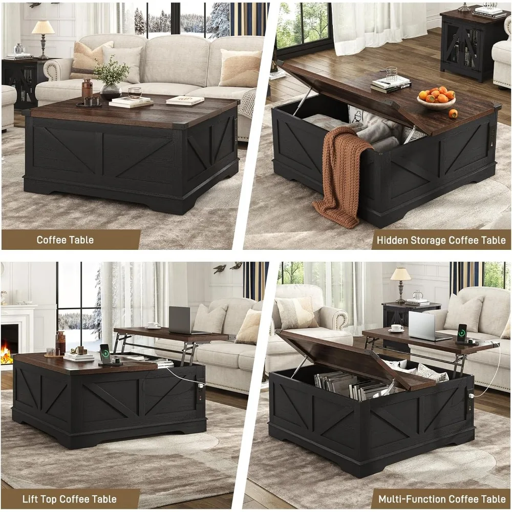 40” Large Farmhouse Lift Top Coffee Table with Power Outlets and Large Hidden Storage, Square Wood Living Room Tables, Multi-Fun