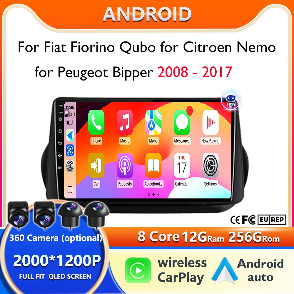 AM/FM Android 16 For Fiat Fiorino Qubo Citroen Nemo Peugeot Bipper 2008 - 2017 Car Radio Multimedia Autoradio CarPlay WIFI+4G