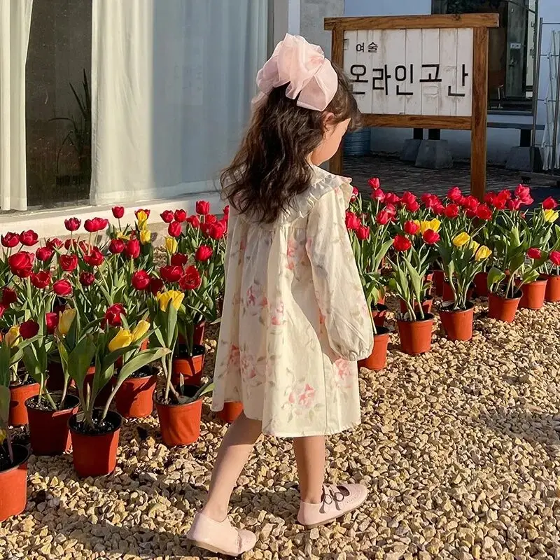 Girls' Dress Autumn 2024 New Baby Girl Doll Neck Fragmented Flower Dress Korean Edition Little Girl Long sleeved Princess Dress