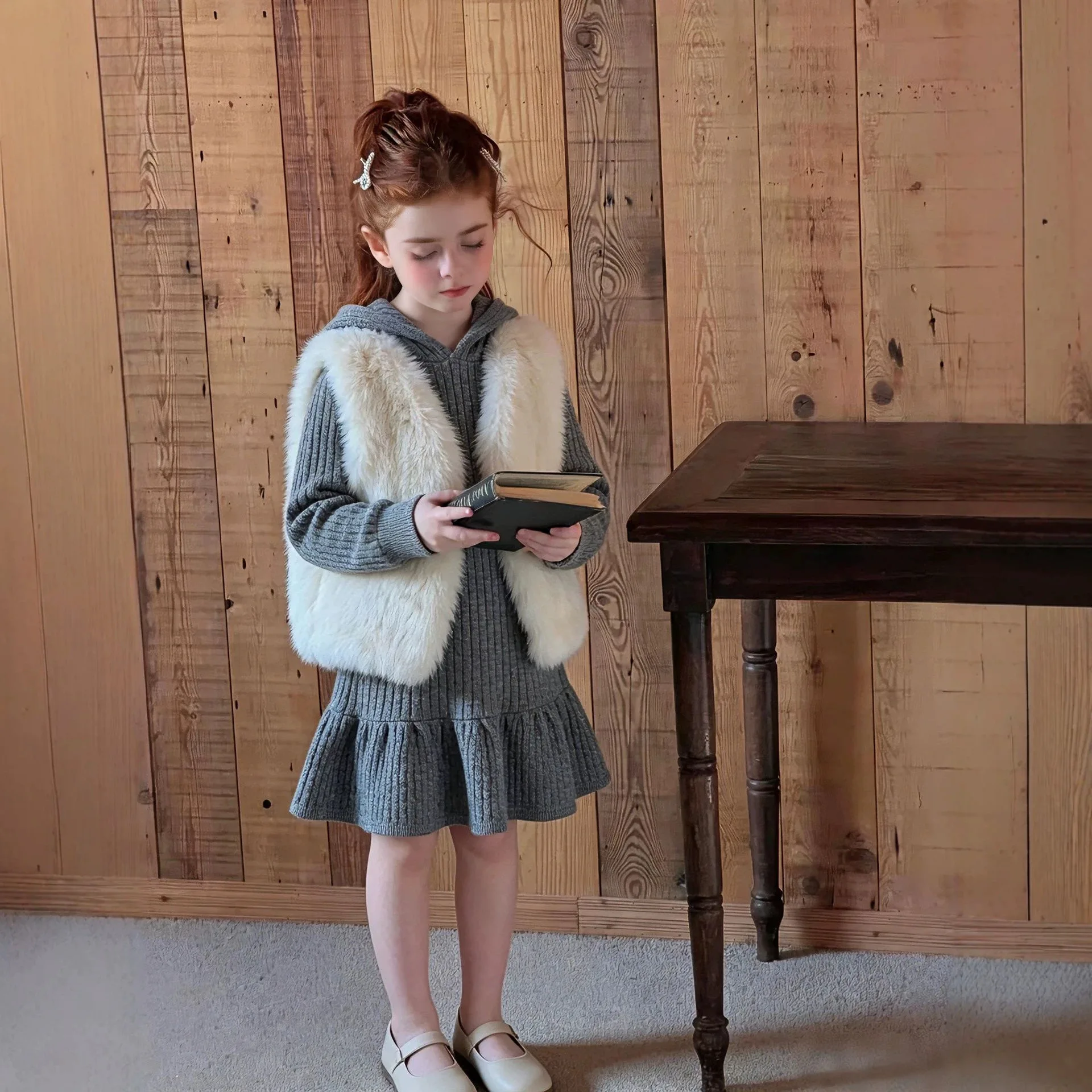 Girls' Hooded Knitting Dress Spring Autumn New Style Children's Fur Vest Girls' Fried Dough Twists Dress Fashion