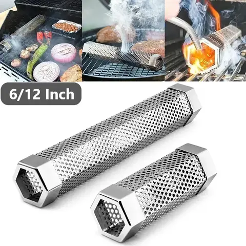 6/12 Inch Stainless Steel BBQ Smoker Grill Tube Perforated Mesh Filter Gadget Pellet Smoking Generator