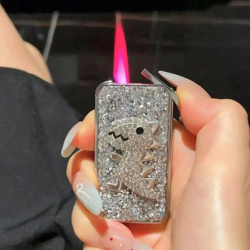 Glam Rhinestone-Encrusted Windproof Lighter, Cute Design Straight Flame Gas Lighter, Luxury Bling Decorative Refillable Lighter