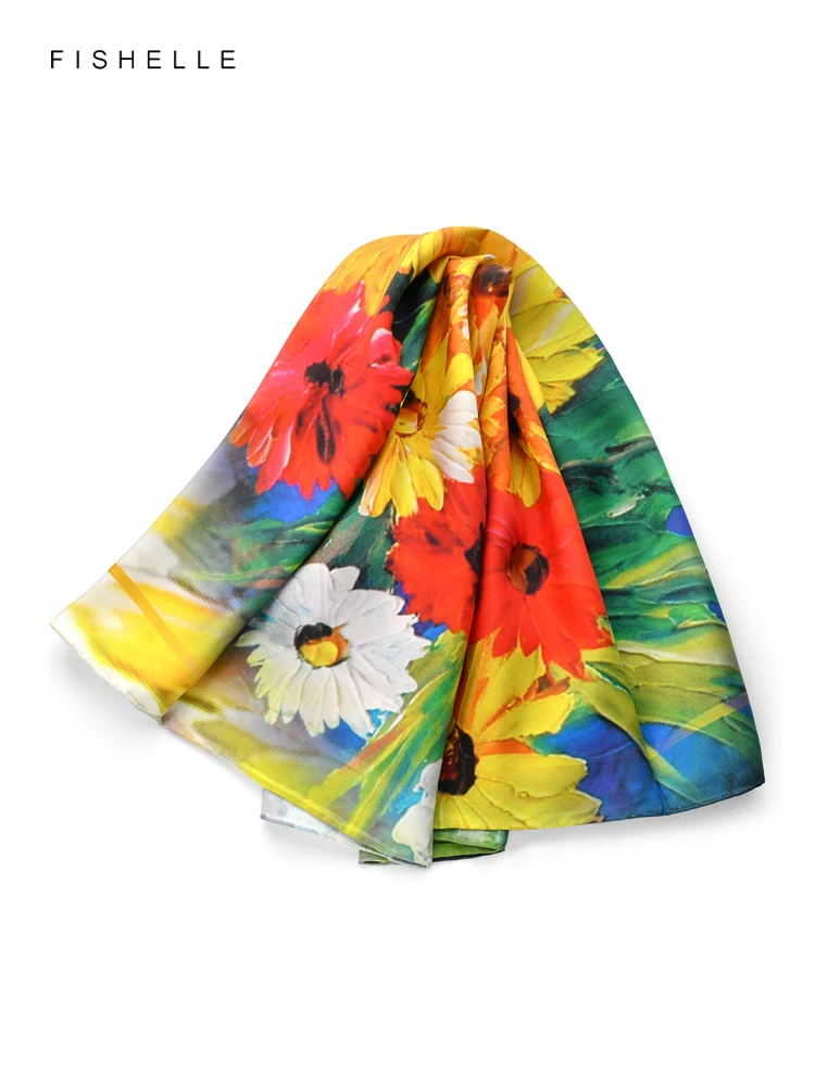 New colorful oil painting daisy printed natural silk square scarf 90 real silk scarves women\'s spring autumn shawl luxury gifts