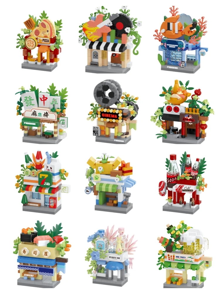 Grappige bibliotheek Snoepwinkel Dierenwinkel Brood Straatzicht Koffieshop Stad Miniatuur Kleine bouwstenen Ornamenten Winkel DIY Speelgoed - afbeelding 2