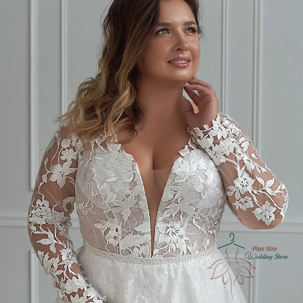 Vestido De novia exquisito con cuello en V, mangas completas, tul con Apliques De encaje, línea A, tren De barrido, talla grande