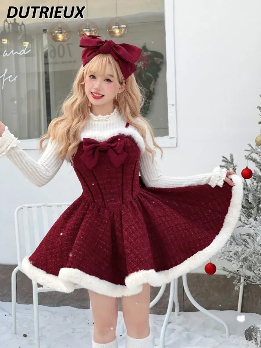 Pure Desire Christmas New Year Sweet Suit Lolita Red Bow Cloak Jacket and Knitted Base Shirt Suspender Short Dress Outfits