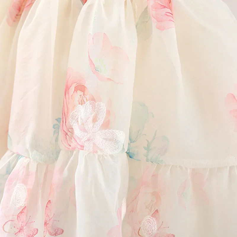 (0-3 Years Old Girls) Summer New Baby Girls Dress Back Butterfly Wings Cake Dress Hand-painted Wind Rose Pattern Suspenders