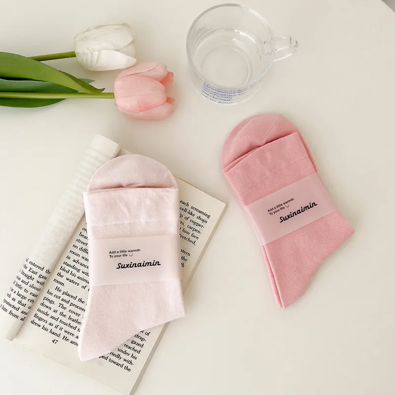 

Pink Socks Women Korean Fashion Harajuku Streetwear Middle Tube Socks Japanese Kawaii Cute Girls Solid Color Cotton Socks 양말