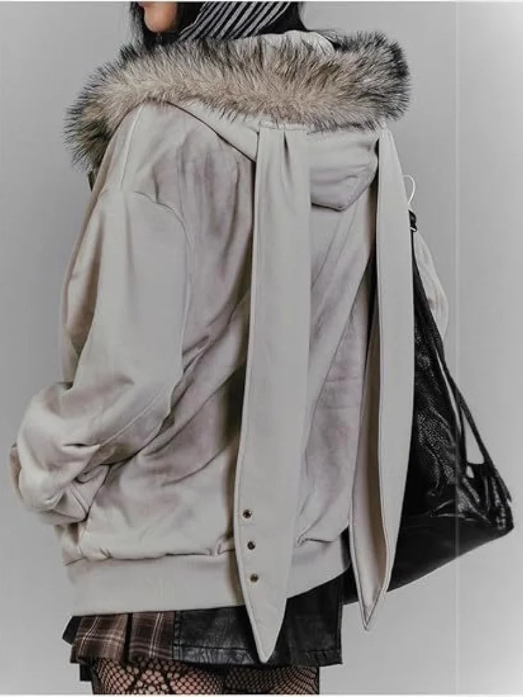

2025 Autumn Winter Women's Retro Fur Collar Hoodie Jacket Street Style Bunny Ear Zip Y2K Printed Outerwear Gothic Hoodies