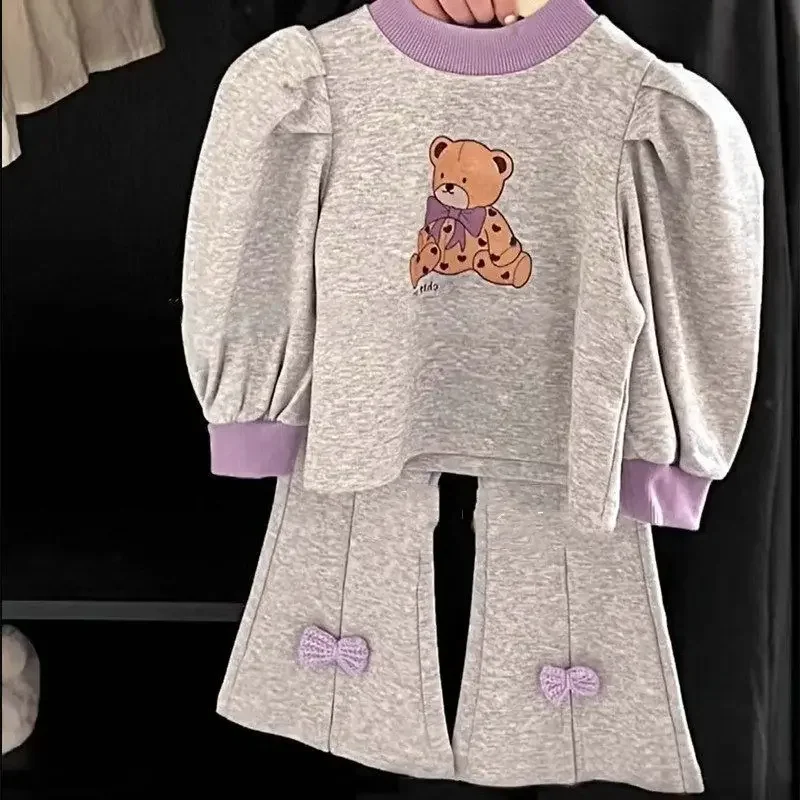 Autumn Children Girls Clothes Cartoon Bear Sweatshirts Pullover Lantern Sleeve Flare Pants 2pcs Suit Long Sleeve Tracksuits
