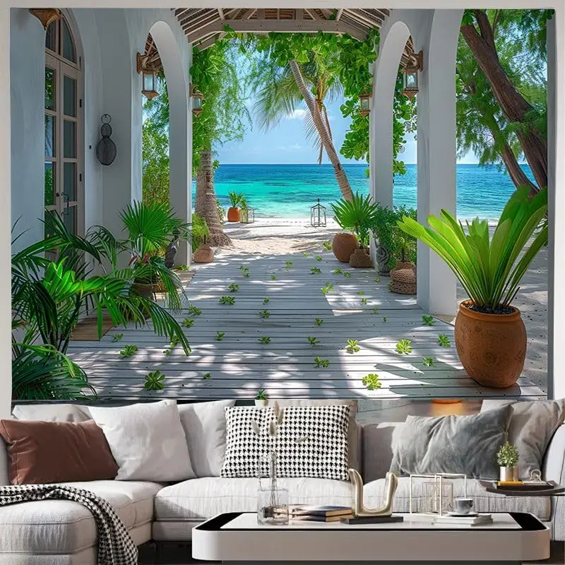 Summer Beach Tapestry,Blue Ocean Sea Scenic View from Perfect Seaside Cabin Nature Scenery Wall Hanging for Bedroom Aesthetic