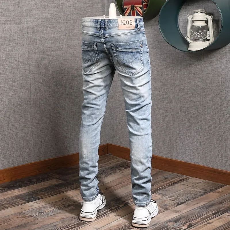 Fashion Trendy Men Jeans Retro Washed Light Blue Elastic Slim Fit Ripped Jeans Men Embroidery Designer Patched Denim Pants Homme