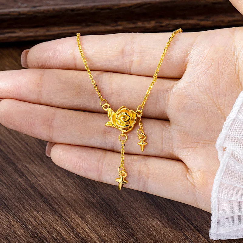 

Luxury 24K 9999 Pure Gold real gold Women's rose tassel clavicle chain