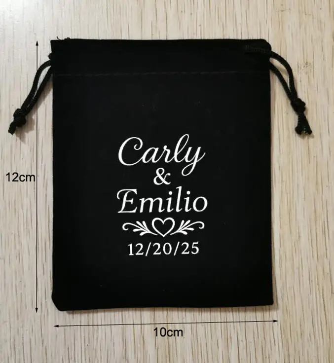 

165 Pieces 10x12cm Black Velvet Bags Drawstring Wedding Gift Pouches Screen Printed With White Logo Customised Logo