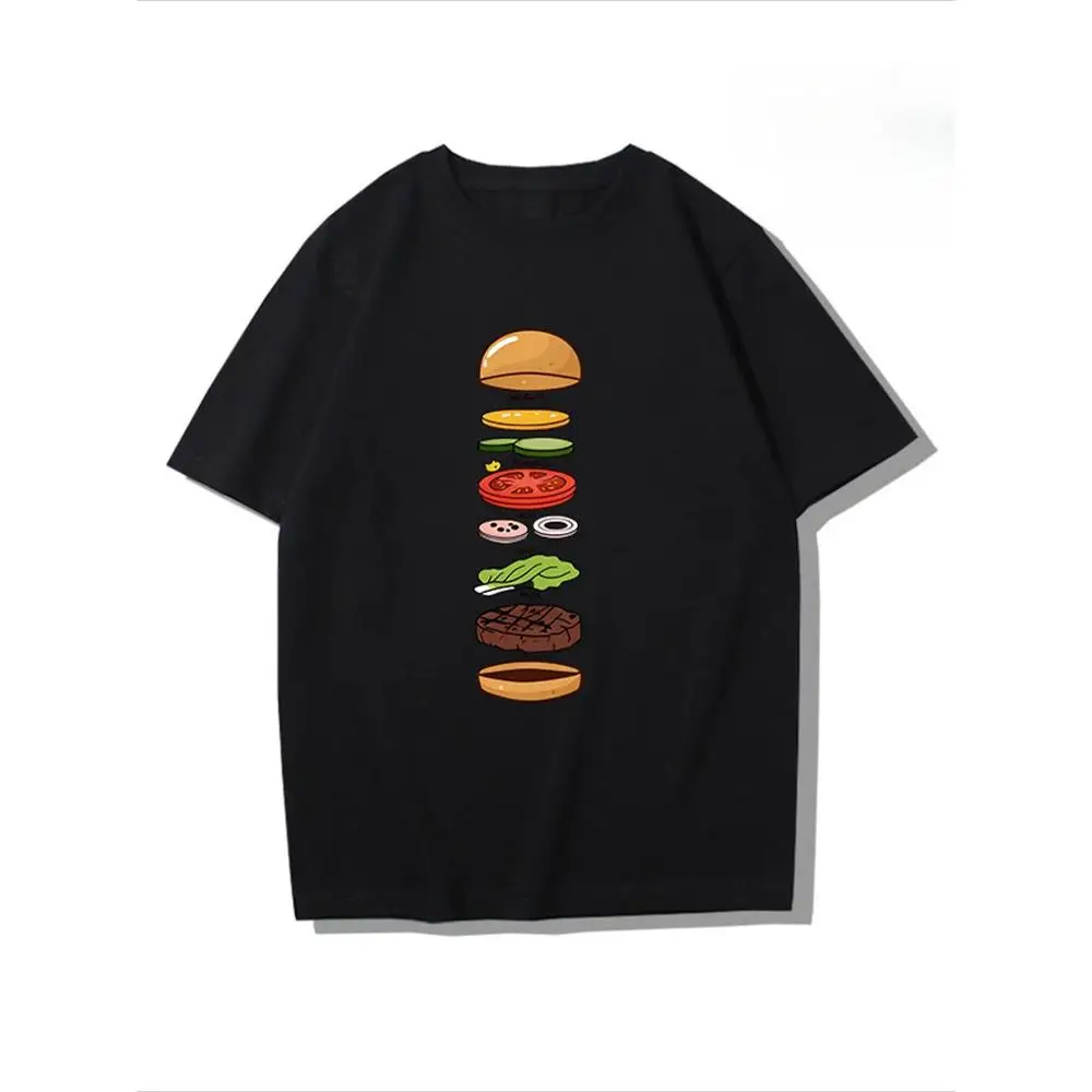Men's Hamburger Pattern T-Shirt 100% Cotton 220g Thick Crew Neck Micro Stretch Regular Fit Short Sleeve Summer Casual Fashion