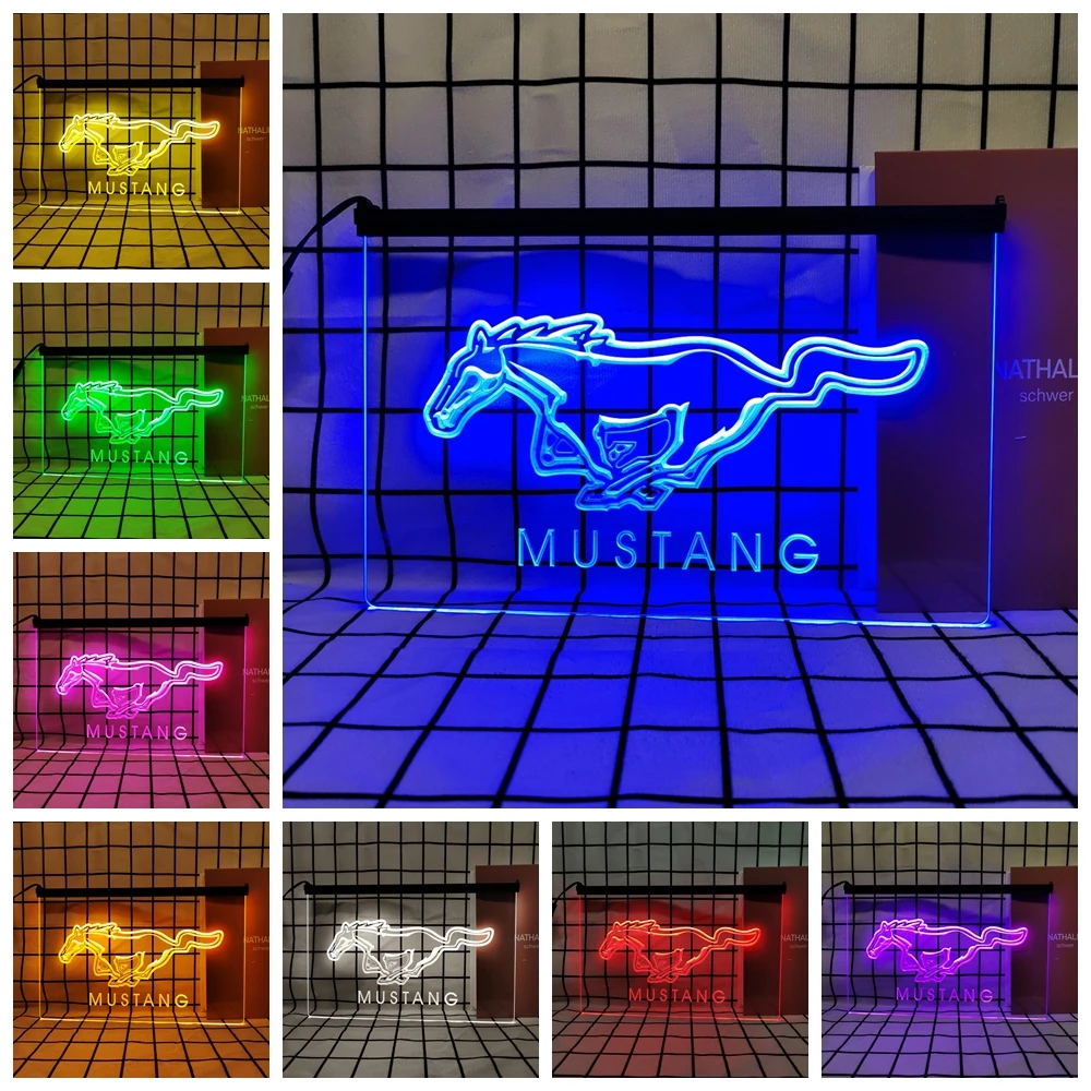 Mustang Retro LED Neon Sign Home Decor z tabliczkami w stylu vintage i plakatami do pokoju biurowego Farmhouse