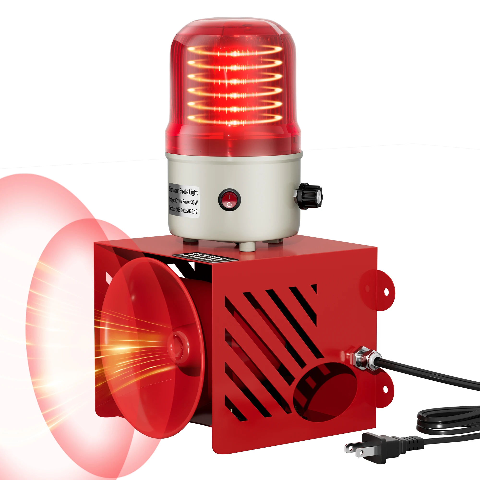 

Сирена-сигнализация с стробоскопом, 110В, 120дБ, регулируемая громкость, уличная, водонепроницаемая, аварийная, для безопасности, предупреждающий световой сигнал