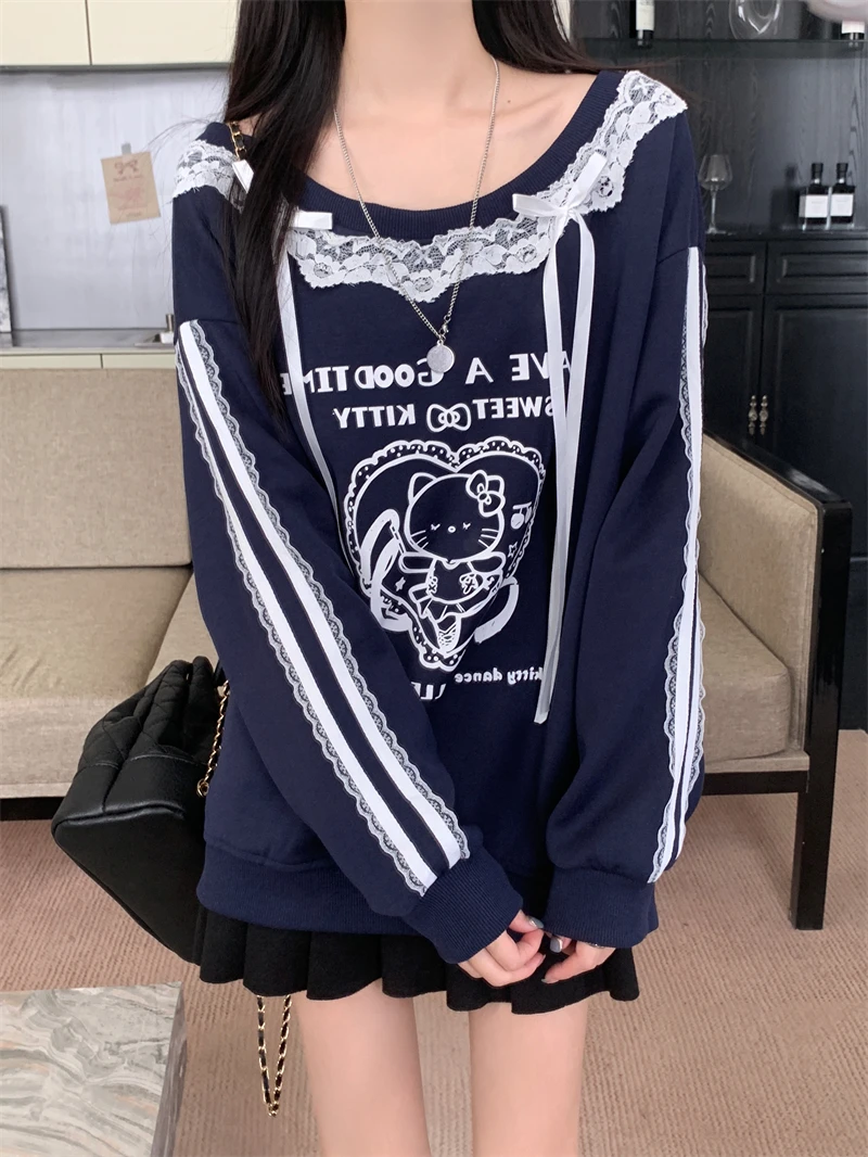 2025 페어리 가을 겨울 신상 프린트 긴팔 레이스 스플라이스 비대칭 숄더 스웨트셔츠 여성용 탑 패션 스트리트웨어