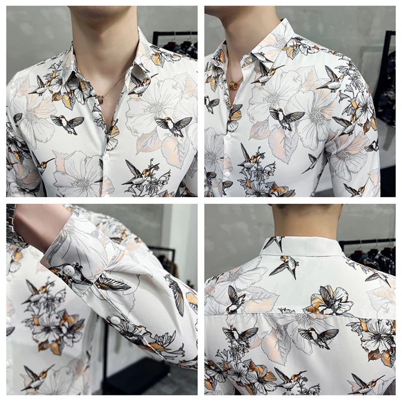 6XL Long-sleeved Floral Shirt For Men Streetwear Fashion Korean Style Button Down Shirts Tops Party Prom Slim Fit Chemise Homme