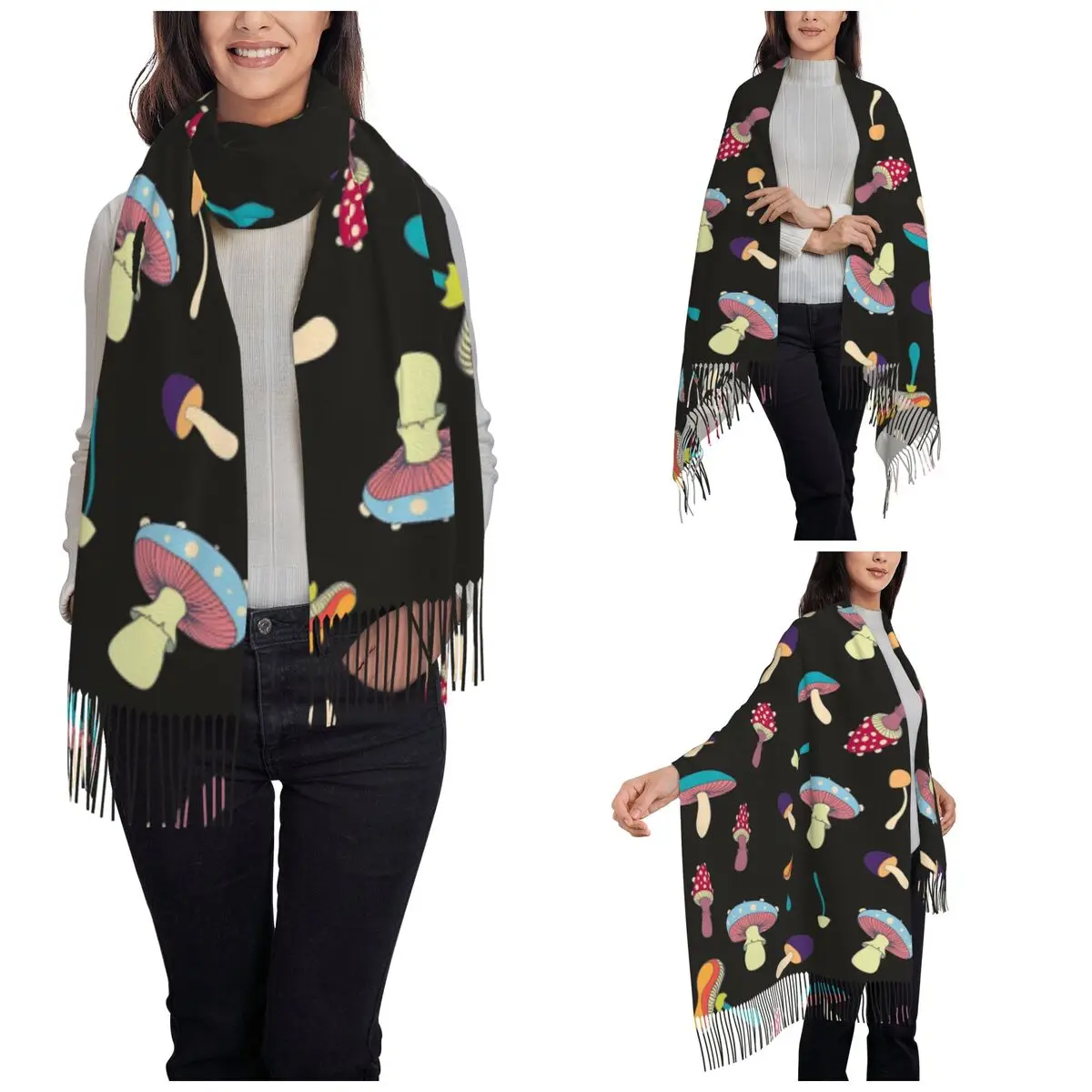 Womens Tassel Scarf Magic Mushrooms Single-sided Pattern Winter Fall Shawl and Wrap Daily Wear Pashmina Scarves