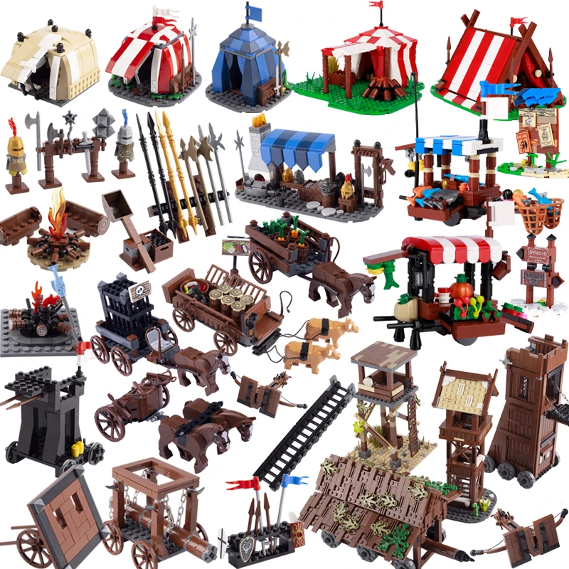 Castillo de guerra militar Medieval, carros, bloques de construcción, soldado, Caballero, arma, tienda, tablón de anuncios, sentinela, poste, ladrillos, Juguetes