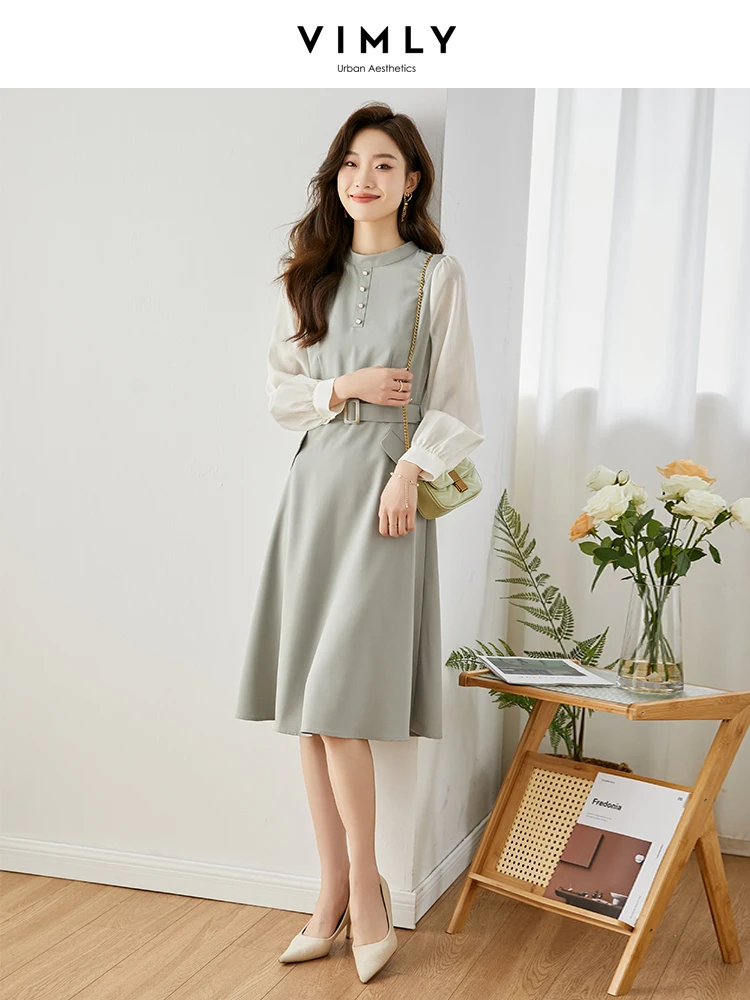 Vimly Elegant Dresses for Women 2024 Spring Stand Collar Belted Waist Slim Patchwork Long Sleeve A Line Midi Dress Office Ladies