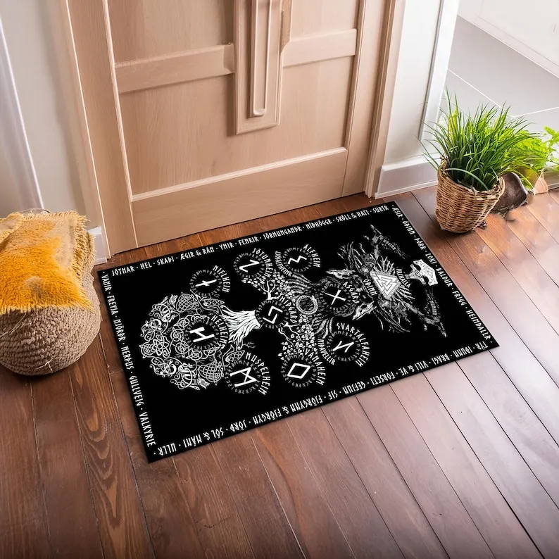Viking Valknut Symbol Rug, Norse Pagan Mythology Carpet, Non-Slip Washable Scandinavian Floor Mat for Nordic Home Decor