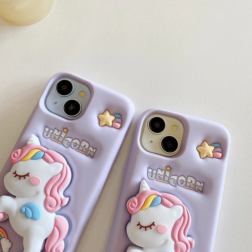 Nette 3D Cartoon Regenbogen Einhorn Pferd Weiche Silikon Halterung Fall Ständer Halter Abdeckung Für iPhone 17 16 Plus 15 14 13 12 Pro Max – Detail 8
