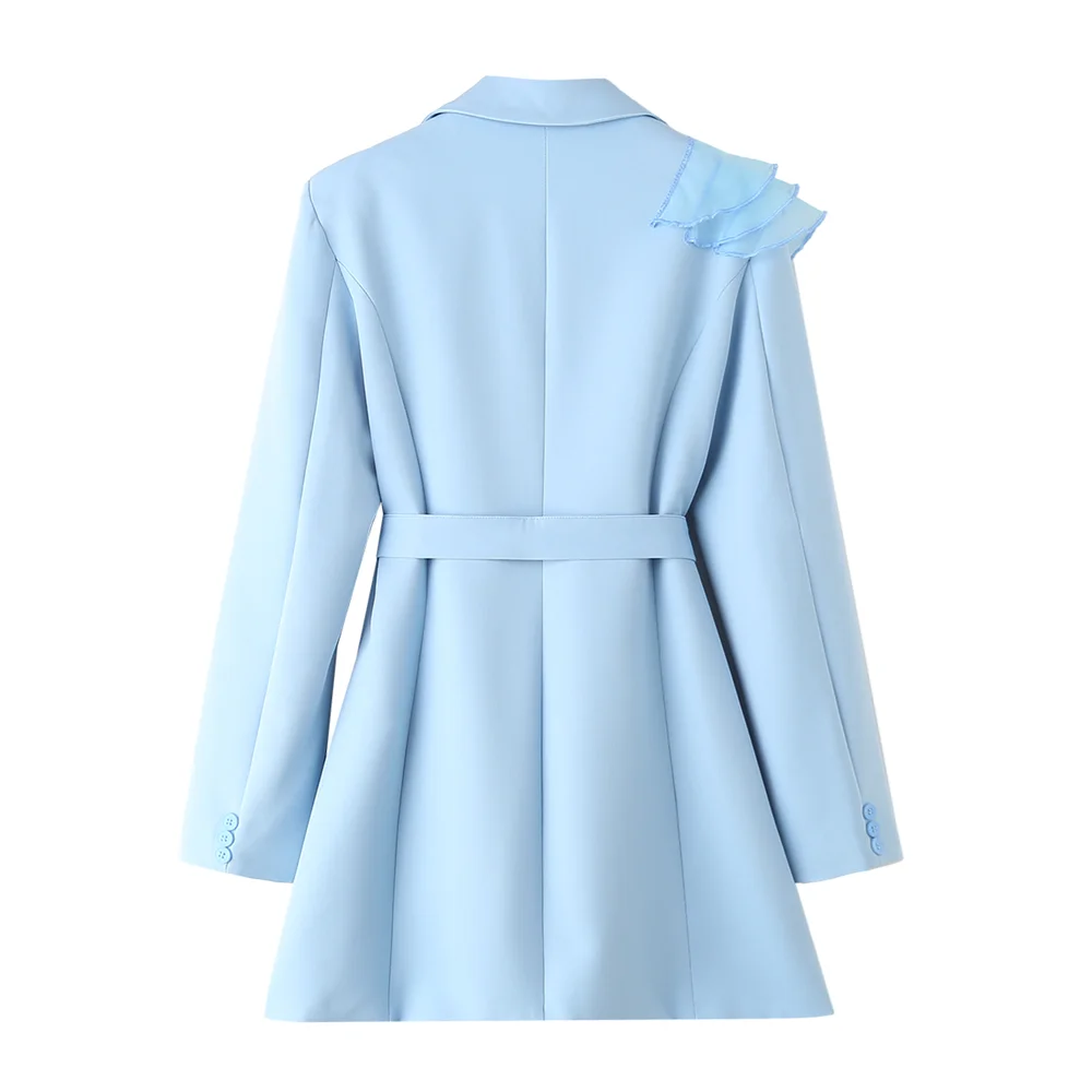 PB&ZA2024 autumn new women\'s clothing fashion temperament commuting solid color versatile blue patchwork organza jacket suit