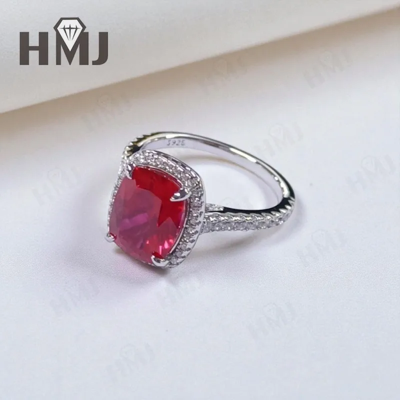 Lab Grown Gemstone Ring with2.5-3.82CT Chubby Rectangle Ruby Sapphire Colombian 925 Silver Circlet As Anniversary Gift Christmas