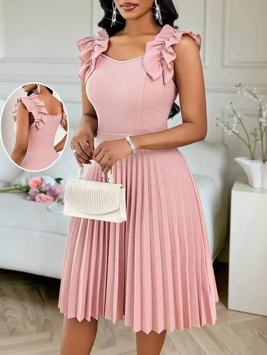

Pink Solid Pleated Sleeveless Dress with Ruffle Shoulders