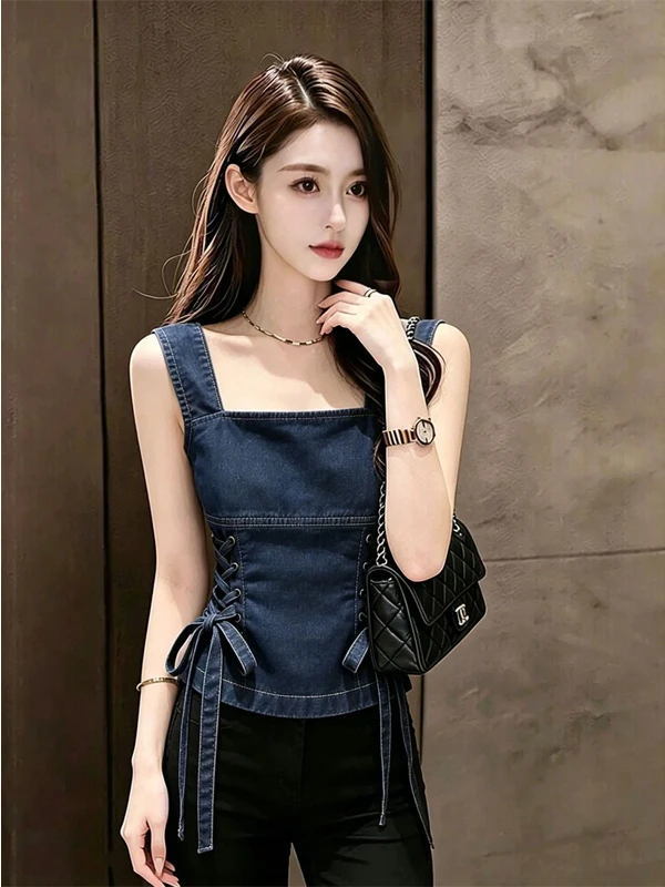 

Blue Denim Strap Vest Women's Fashionable Street Chic Waist-Cinching Korean Style Top Short Sleeve Neckless Lightweight