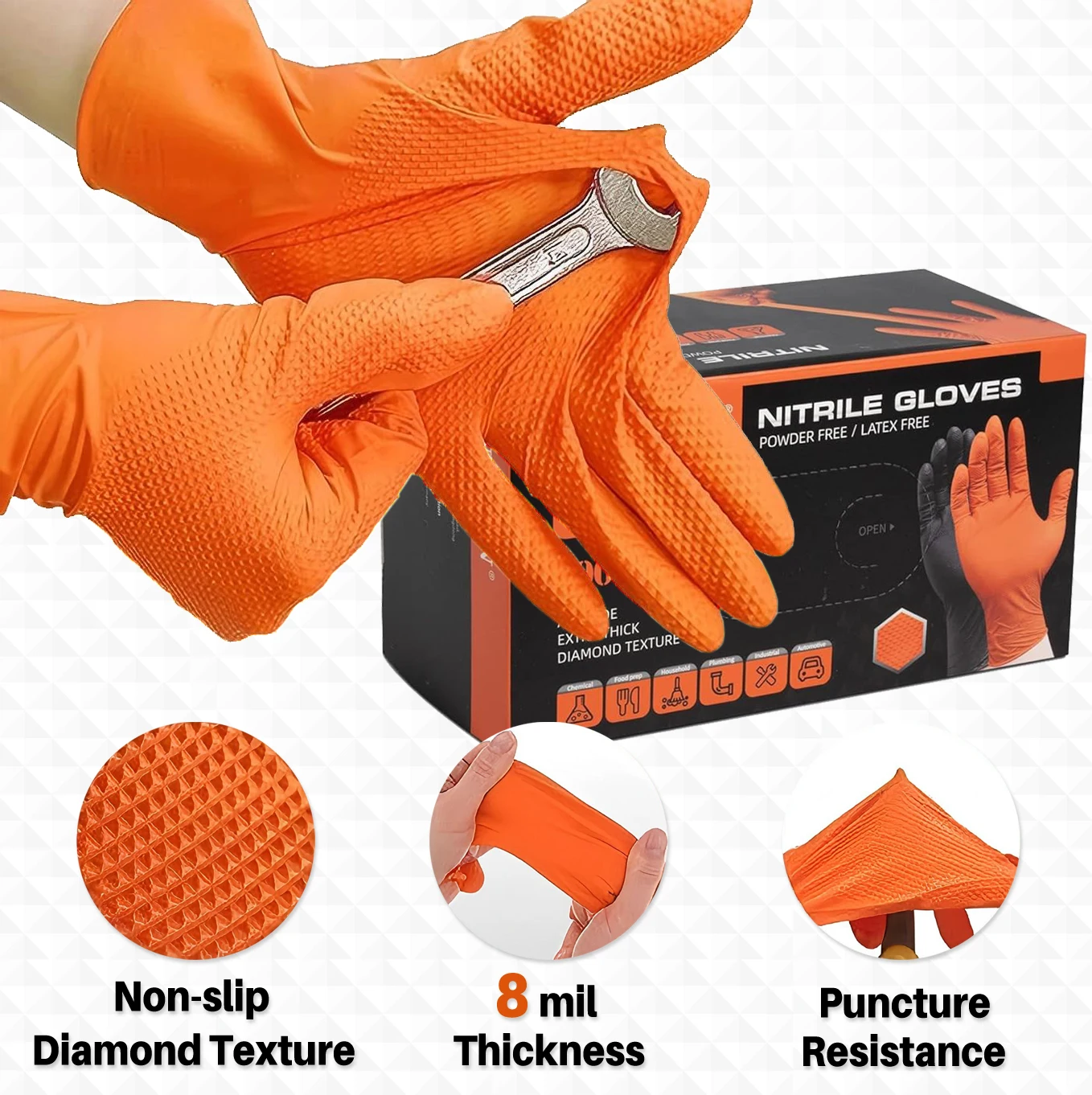 Heavy Duty Orange Nitrile Gloves  8mil Heavy Duty Disposable Gloves with Diamond Textured Latex Free Mechanic Tattoo Auto Gloves