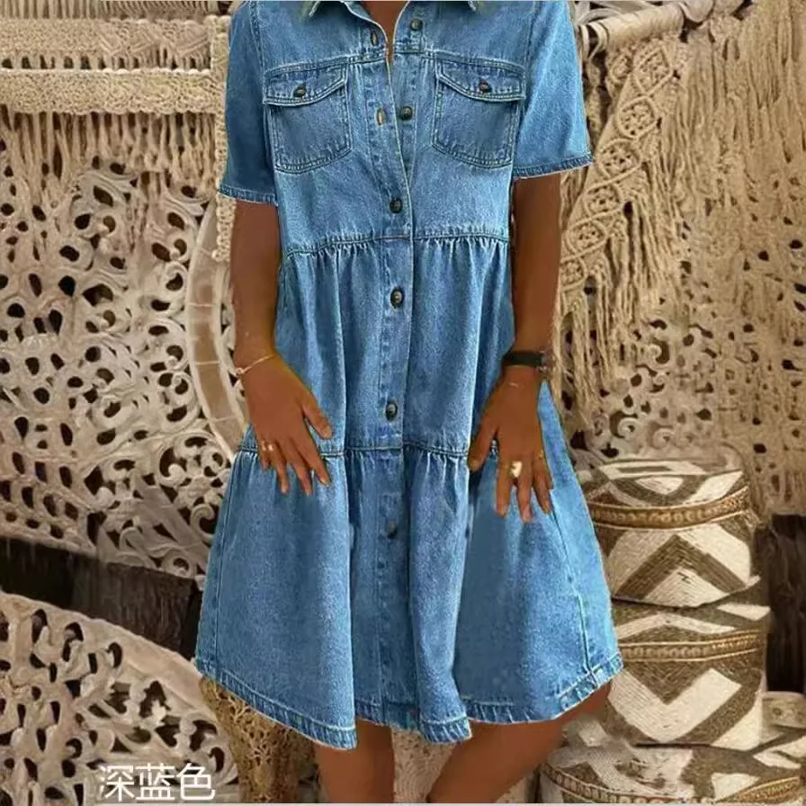 Mini camicia estiva da donna elegante Abito blu da spiaggia Vestito estivo Casual Allentato Manica corta Abiti monopetto Abiti da donna
