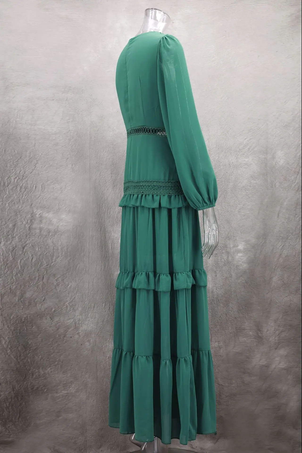 Feminino elegante em camadas babados retalhos vestido longo chique decote em v puff mangas completas dividir maxi vestidos moda senhora festa robes