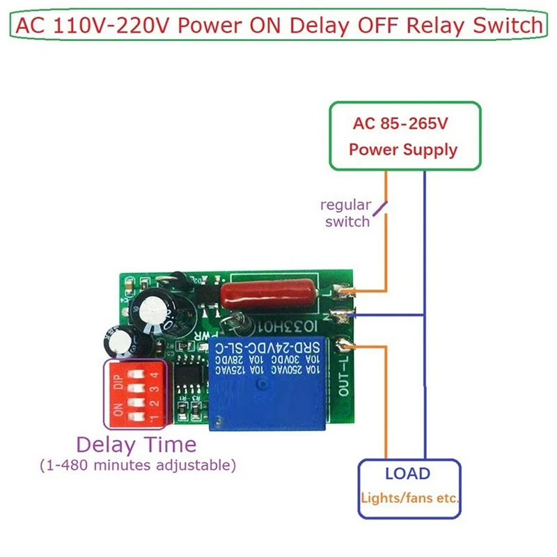 B62B 1-480Min Timer Adjustable Disconnect Delay Controller AC 110V 220V, Power-on Delay OFF Relay Switch 7A Voltage Output A